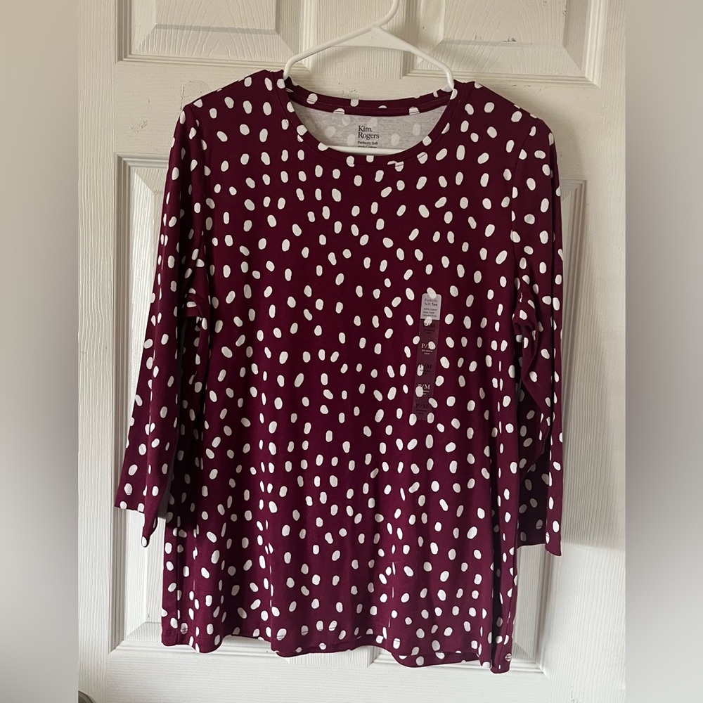 Kim Rogers Women's Burgundy and White Dot Blouse 3/4 Sleeve Sz P/M